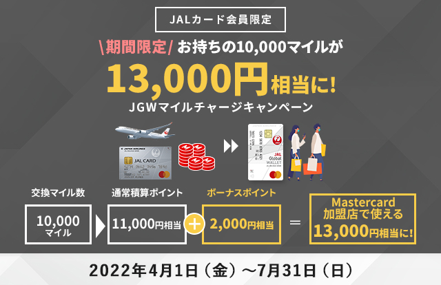 JALカード会員限定！10,000マイル以上JGWマイルチャージを実施した方に、2,000JGWポイントをプレゼント！