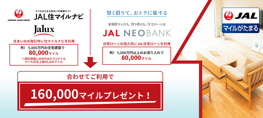 住まいの取引でJALのマイルがたまる「JAL住マイルナビ」Jalux 新築物件購入時にJAL住マイルナビをご利用で最大80,000マイル　賢く借りて、おトクに旅するJAL NEO BANK JAL住宅ローンのご利用で最大80,000マイル　合わせてご利用で160,000マイルプレゼント！