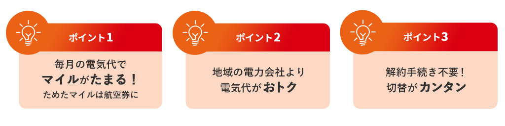 ポイント1 毎月の電気代でマイルがたまる！ためたマイルは航空券に ポイント2 地域の電力会社より電気代がおトク ポイント3 解約手続き不要！切り替えがカンタン