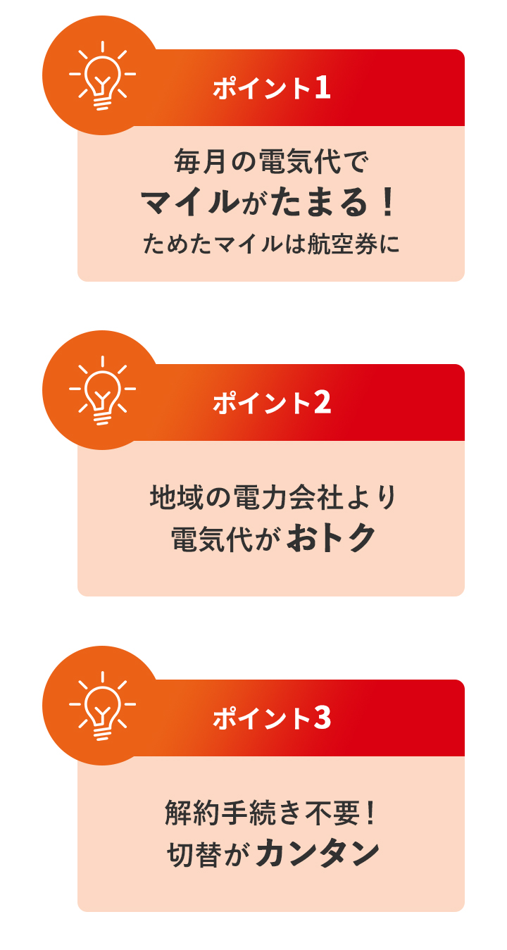 ポイント1 毎月の電気代でマイルがたまる！ためたマイルは航空券に ポイント2 地域の電力会社より電気代がおトク ポイント3 解約手続き不要！切り替えがカンタン