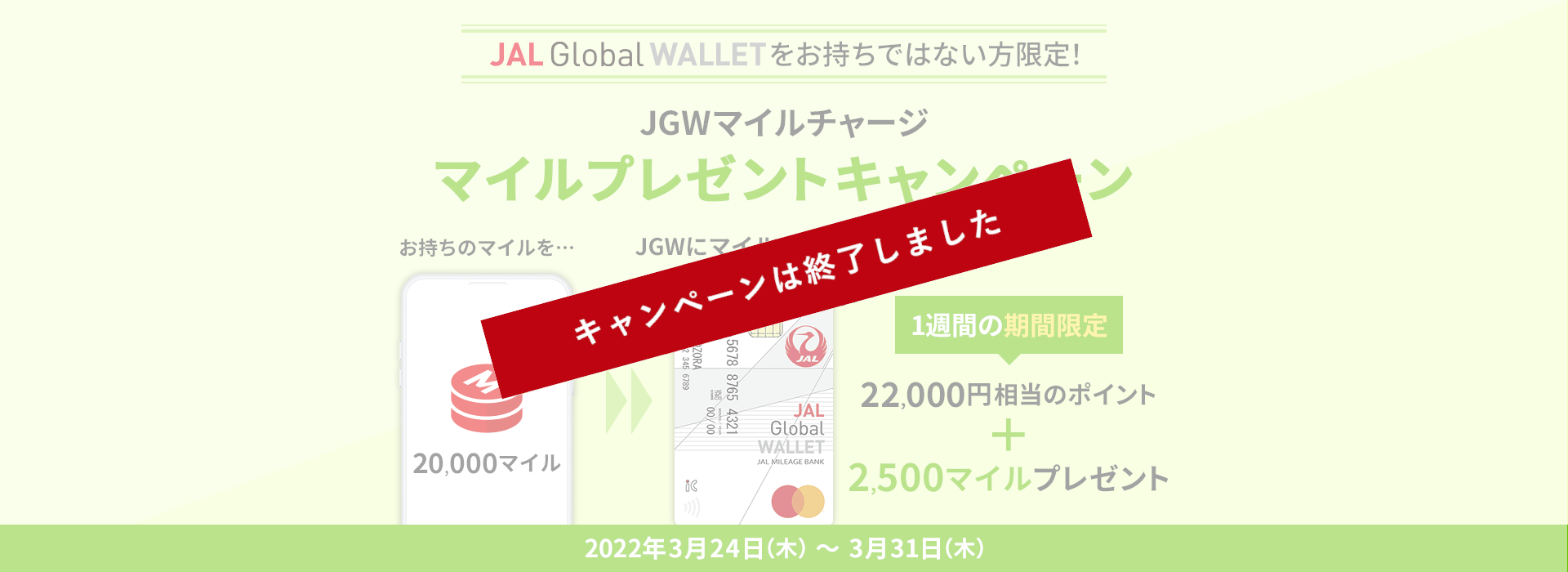 JAL Global WALLETをお持ちではない方限定！　JGWマイルチャージマイルプレゼントキャンペーン　1週間の期間限定22,000円相当のポイント+2,500マイルプレゼント　2022年3月24日（木）～3月31日（木）