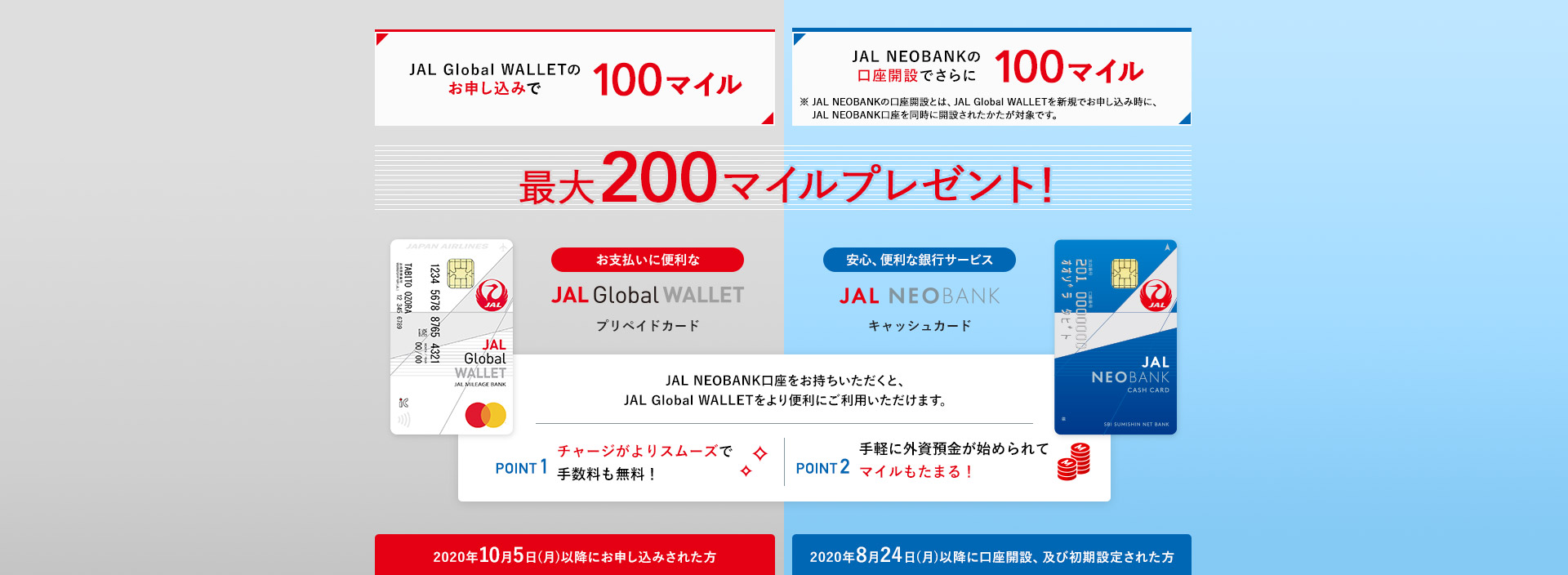JAL Global  WALLETのお申し込みで100マイル JAL NEOBANKの口座開設でさらに100マイル 最大200マイルプレゼント！ JAL NEOBANK口座をお持ちいただくと、JAL Global WALLETをより便利にご利用いただけます。POINT1 チャージがよりスムーズで、手数料も無料！POINT2　手軽に外資預金が始められて、マイルもたまる！※JAL Global  WALLETを新規でお申し込み時に、JAL NEOBANK口座を同時に開設された方が対象です。2020年10月1日(木)以降にJAL Global WALLETにお申し込みされた方 2020年8月24日(月)以降にJAL NEOBANKの口座開設、および初期設定完了された方
