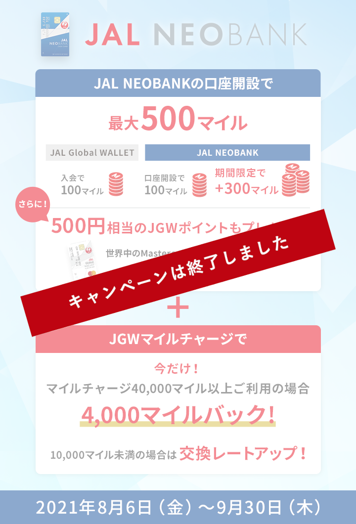 JAL NEOBANKキャンペーン JAL Global WALLET入会で100マイル、JAL NAOBANK口座開設で100マイル＋期間限定で300マイル、合計で最大500マイルプレゼント　さらに！500円相当のJGWポイントもプレゼント　JGWポイントは1ポイント1円として世界中のMastercard加盟店でご利用可能　JGWマイルチャージで今だけ！マイルチャージ40,000マイル以上ご利用の場合、4,000マイルバック！10,000マイル未満の場合は交換レートアップ！2021年8月6日（金）～9月30日（木）