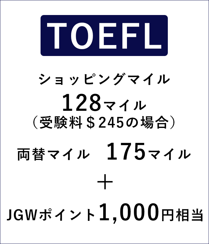 TOEFLの場合、ショッピングマイル128マイル（受験料＄245の場合）、両替マイル175マイル+JGWポイント1,000円相当